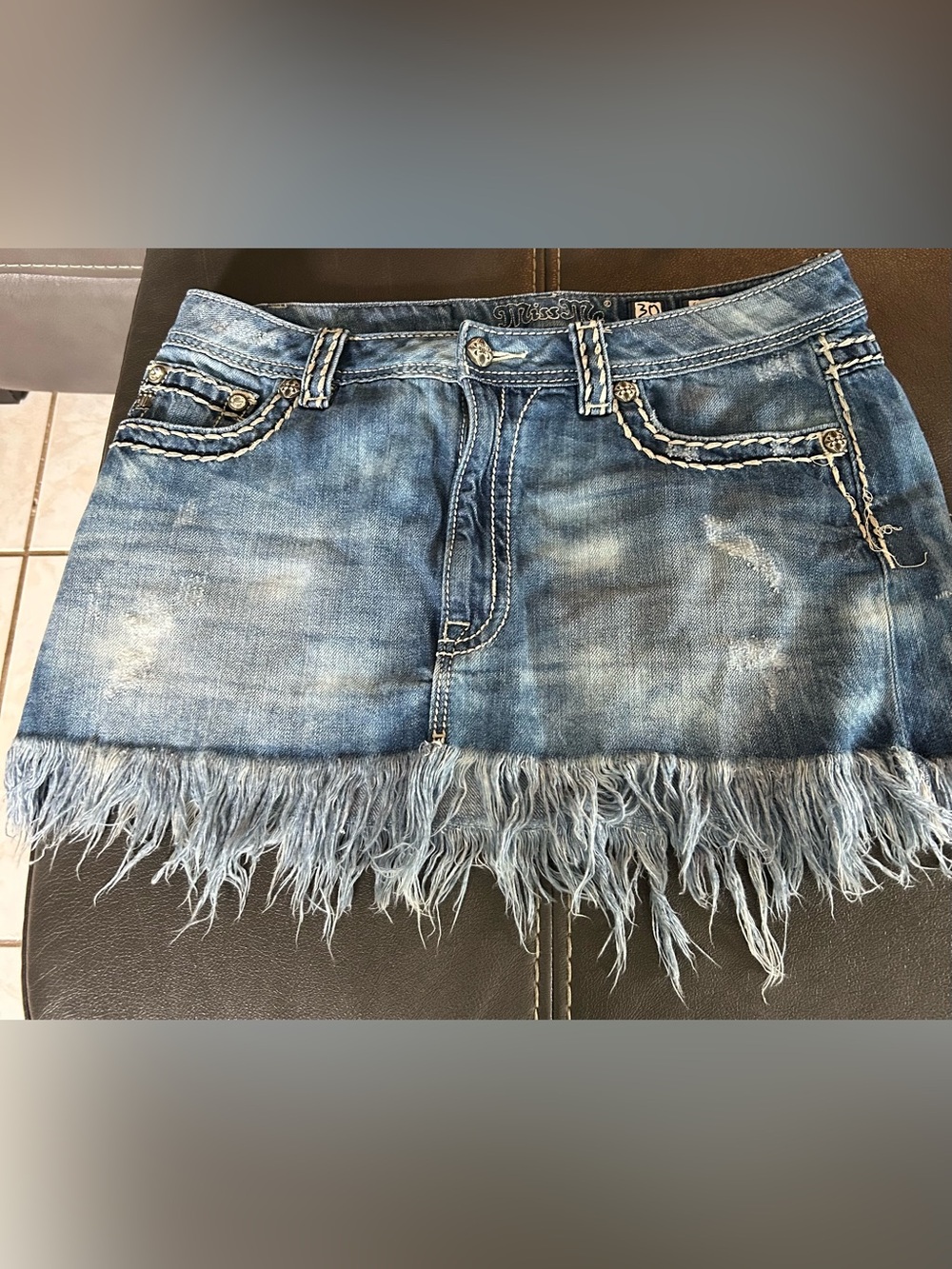 Vintage Miss Me Embellished Rhinestone Denim Mini Skirt Frayed Fringe Hem